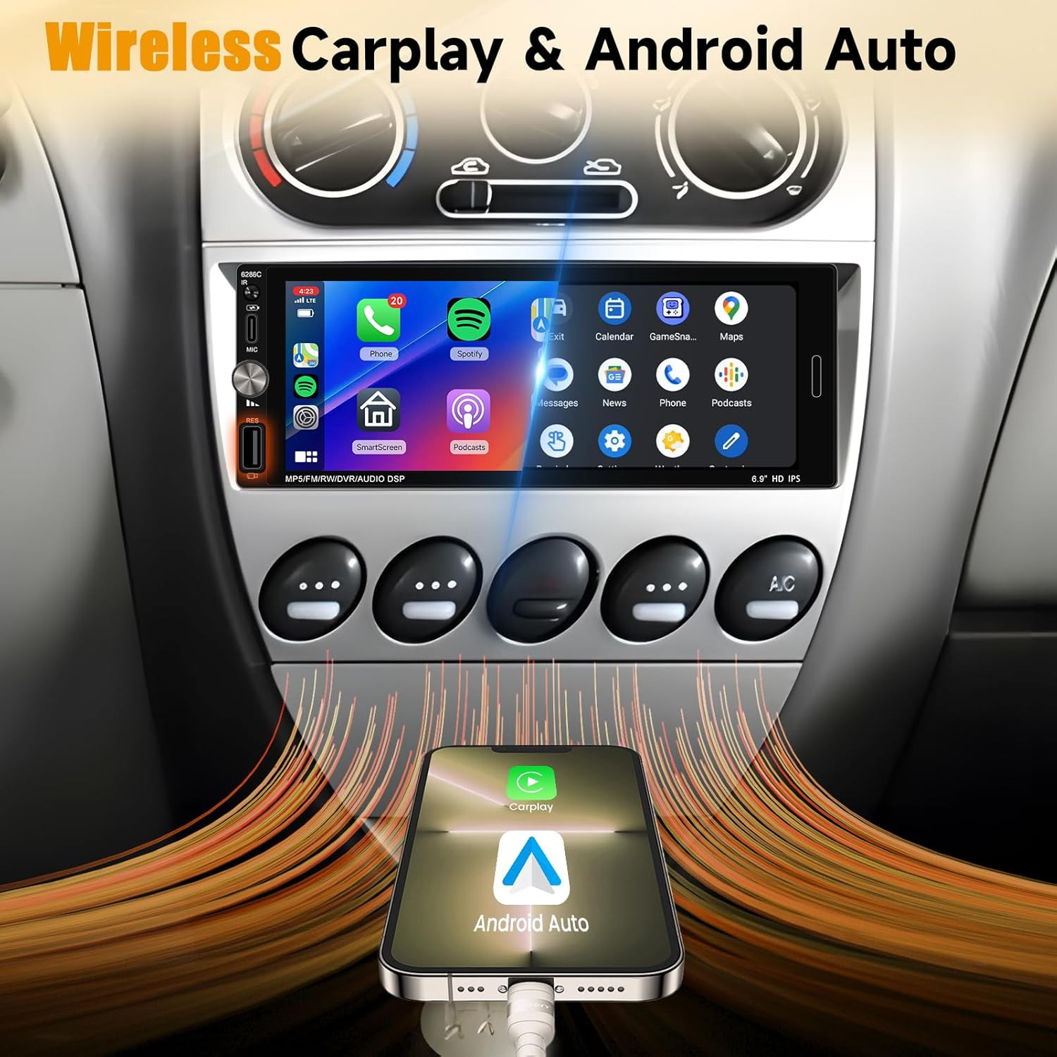 Single Din Car Stereo Wireless Carplay Android Auto, 6.9 Inch Bluetooth5.2 Car