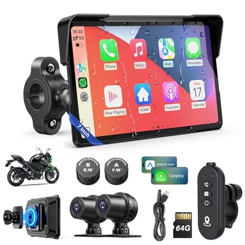 Motorcycle CarPlay Screen with 7 Inch+TPMS+Dual Cam+Magnetic Mount+64GB