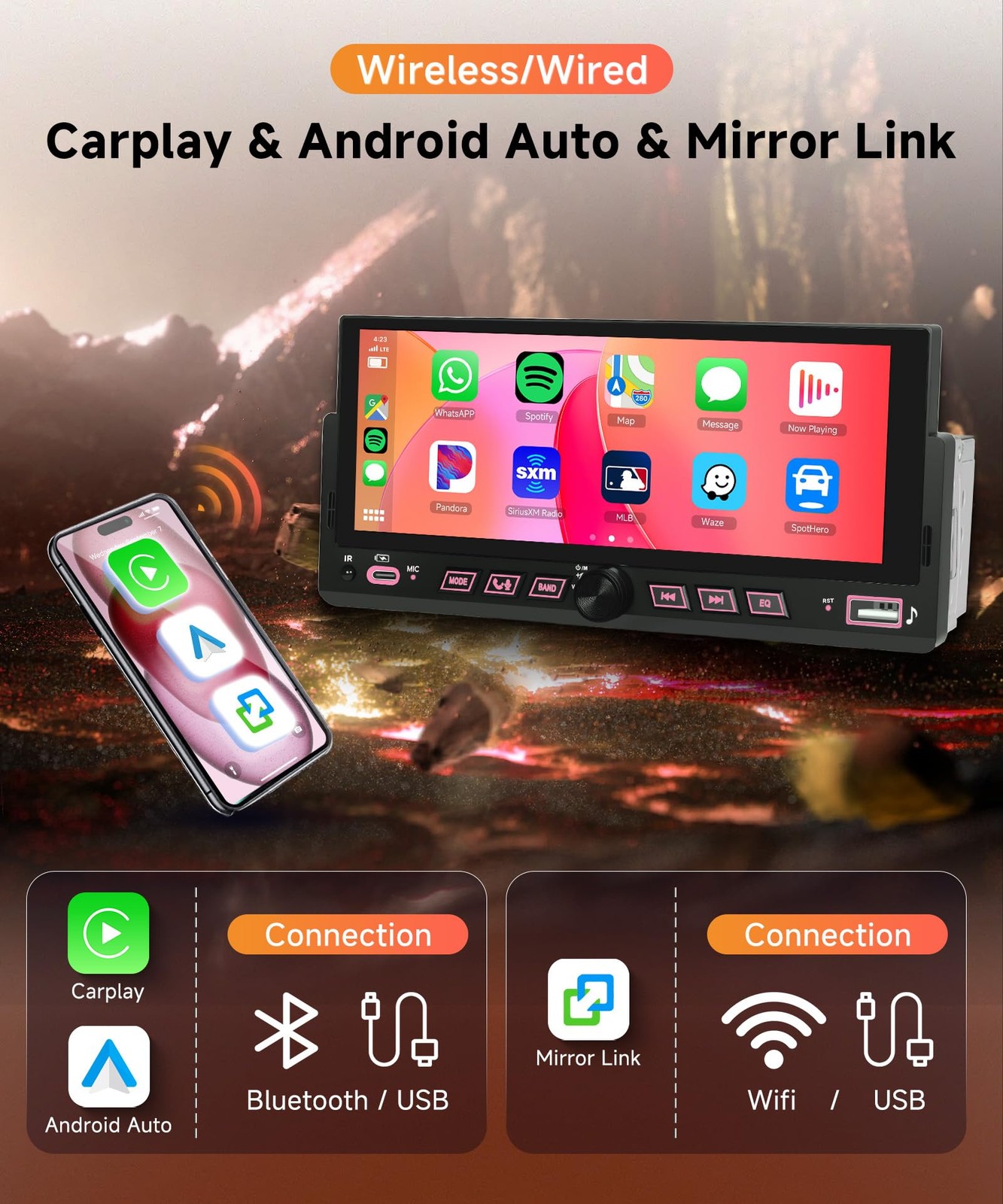 Car Stereo Single Din Wireless Carplay 6.86 inch Touch Screen Android Auto, C…