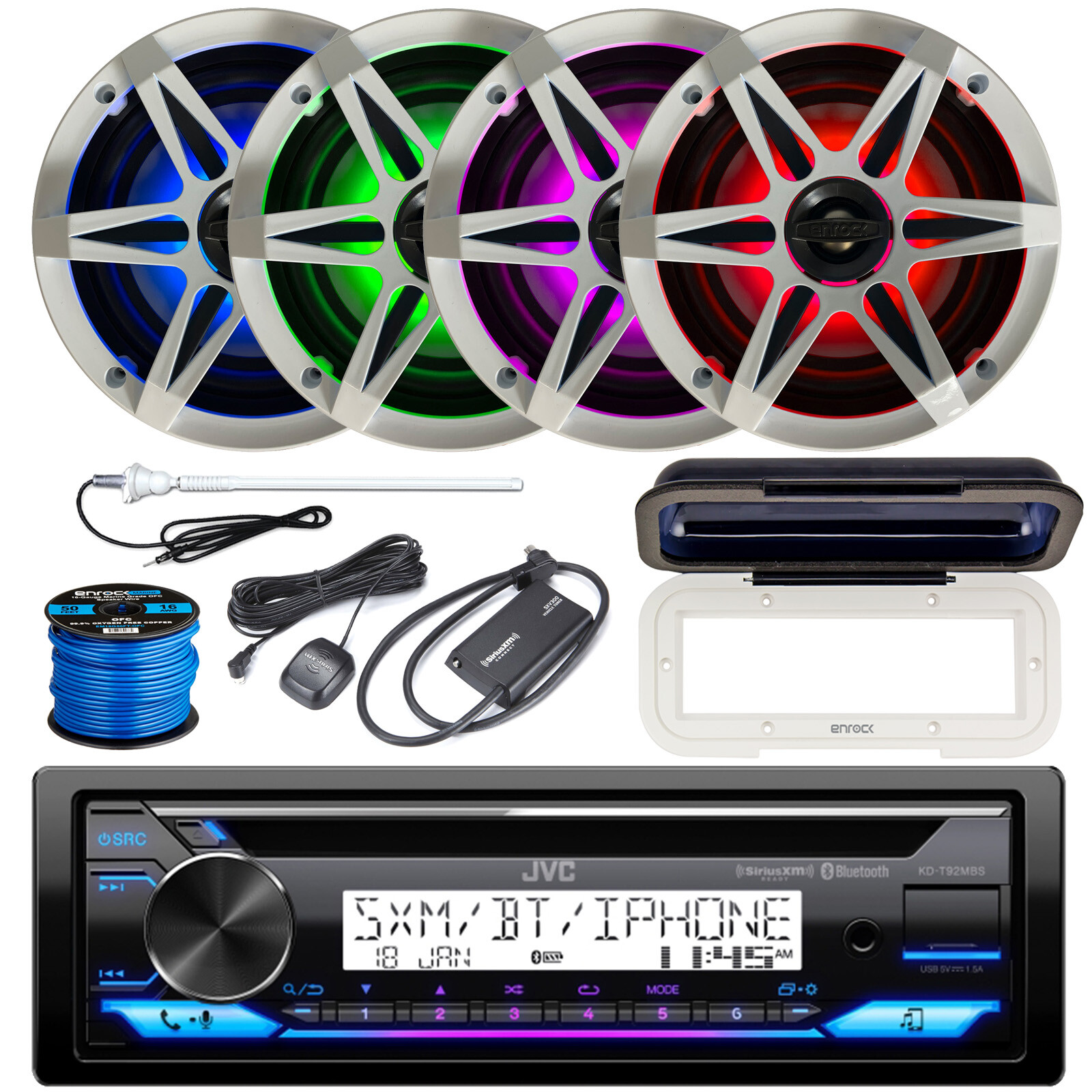 JVC Marine CD Radio, Cover, XM Tuner, 4x 6.5″ LED Speaker, Grille, Antenna, Wire