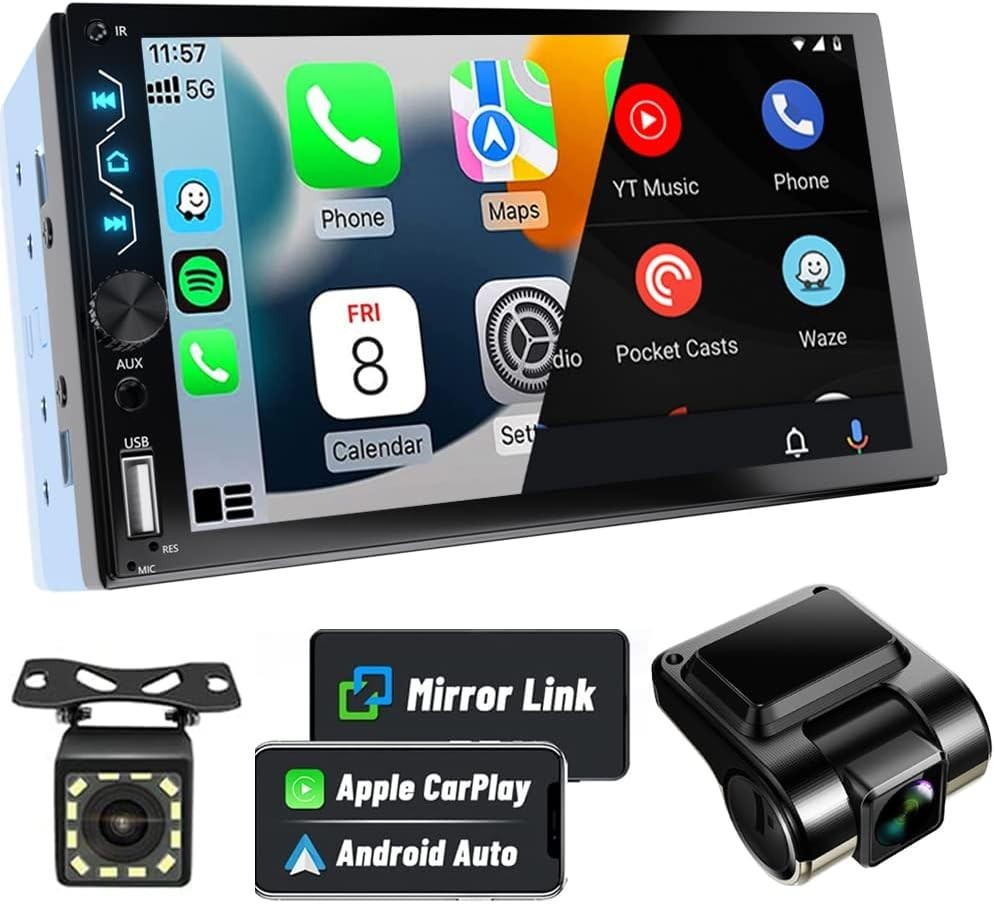 Full HD 7 Inch Double Din Car Stereo with Apple Carplay, Android Auto & Dash Cam