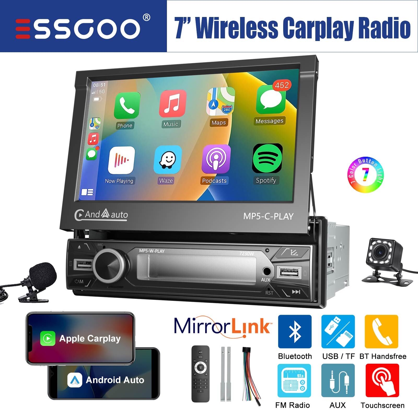 7″ Single DIN Wireless Carplay Android Auto Stereo Radio Flip Out Screen Cam MIC