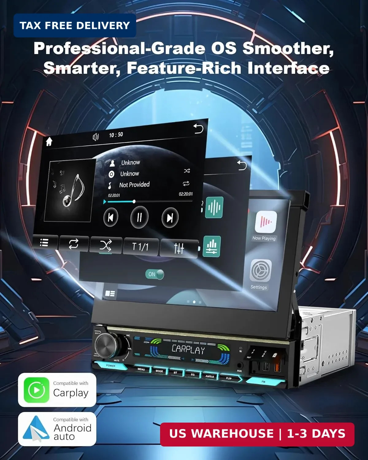 2026 Car Stereo with Wireless CarPlay & Auto, 7-inch HD motorized flip out