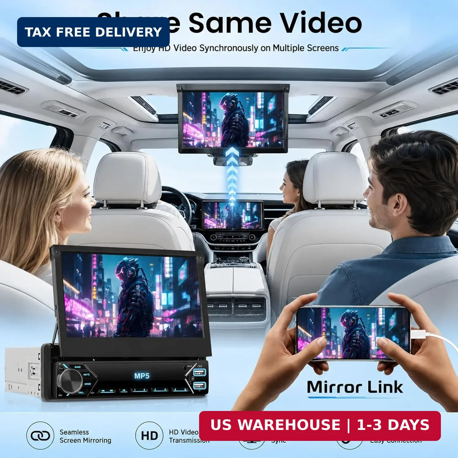 Single Din Flip Out IPS Touchscreen Car Stereo, 7inch Car Stereo with Bluetooth