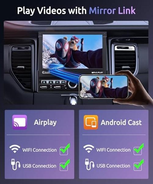 [Motorized] Single Din Touchscreen Car Stereo with Wireless Carplay Android