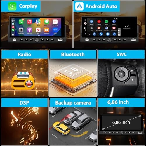 Single Din Car Stereo, 6.86 Inch CarPlay & Android Auto HD IPS 6.86 in