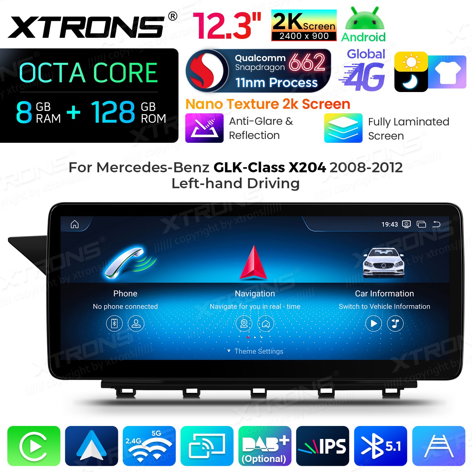Qualcomm 662 Android 14 for Mercedes GLK X204 12.3″ 2K Screen 8GB 128GB 4G Wi-Fi