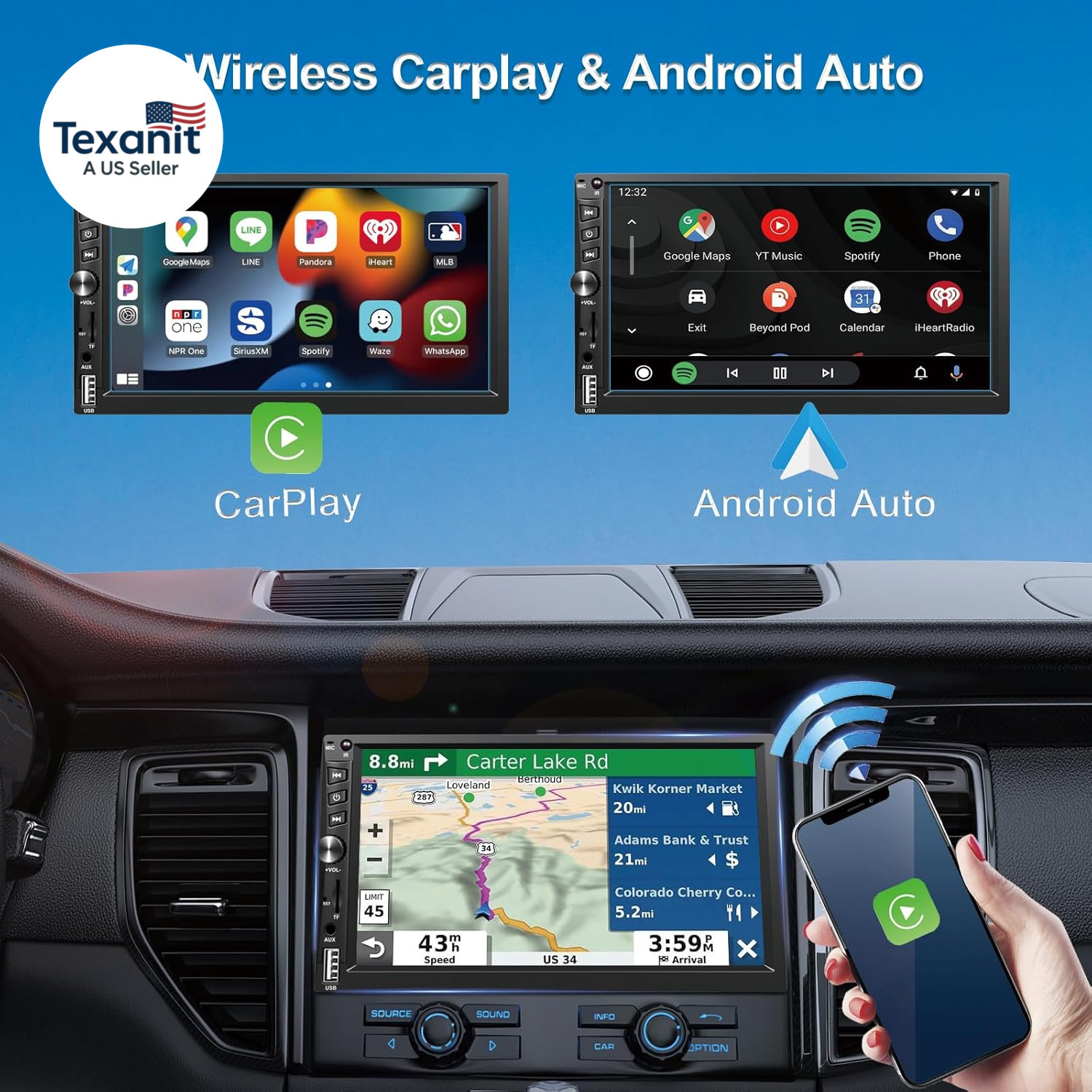 Wireless Double Din Car Stereo Works with Apple Carplay,7 Inch HD 1024 * 600 Tou