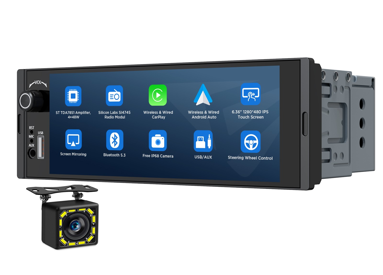 In Dash 6.36″ Single Din Car Stereo Wireless CarPlay Android Auto Radio GPS Navi