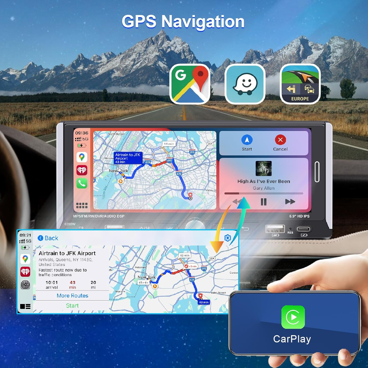 Radio de coche de un solo DIN compatible con Apple Carplay inalámbrico,