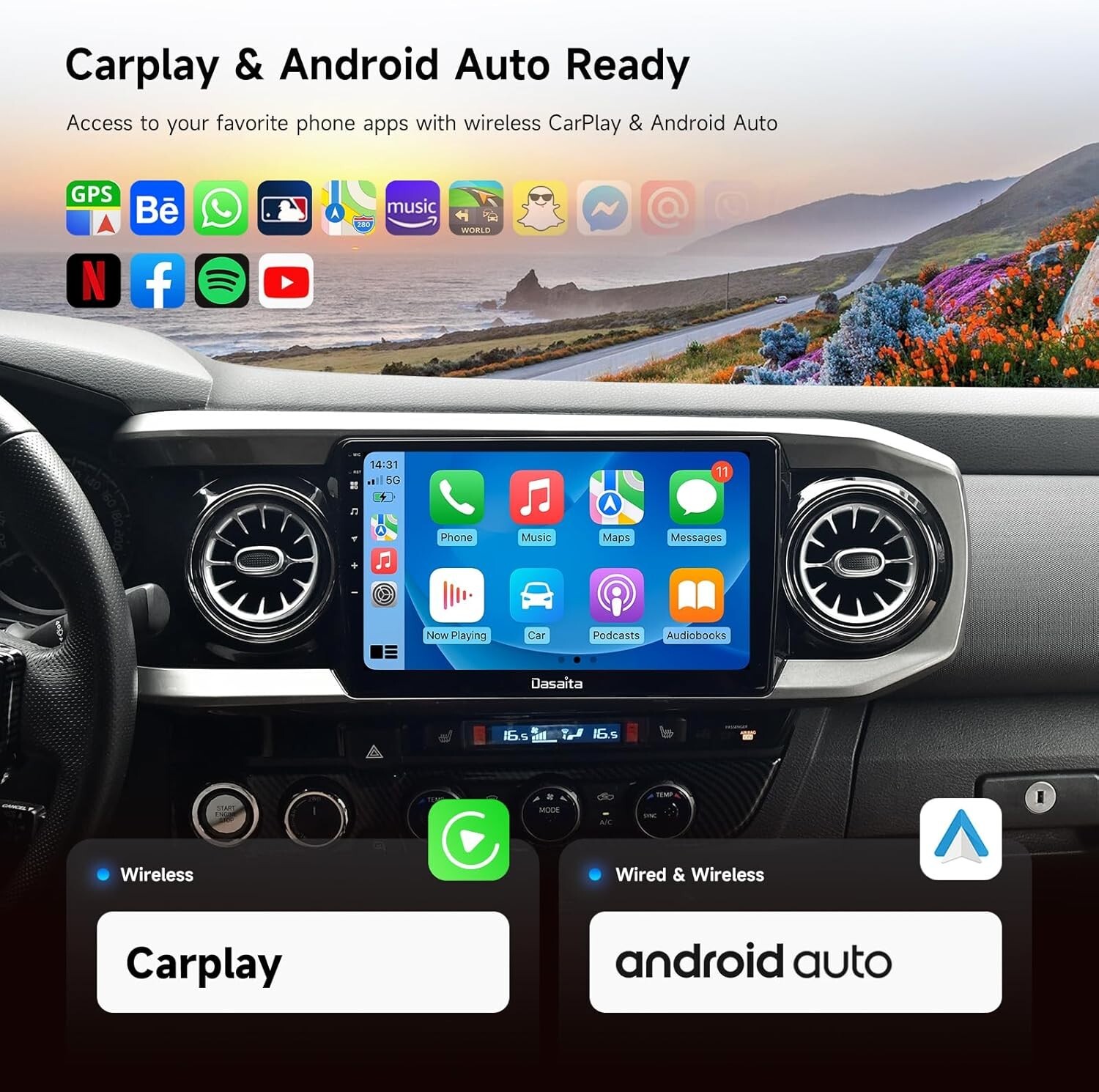 Dasaita 10.2″ Car Stereo for Toyota Tacoma 2016 to 2022 Apple Carplay Head Unit