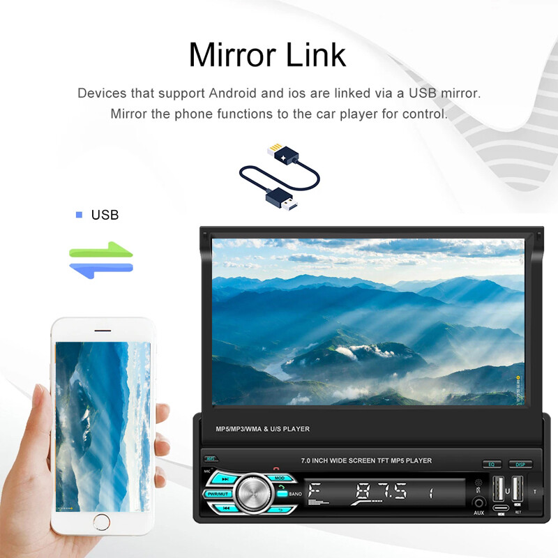Single 1Din 7″ Car Radio For Wireless Apple/Android Carplay Bluetooth MP5 Player