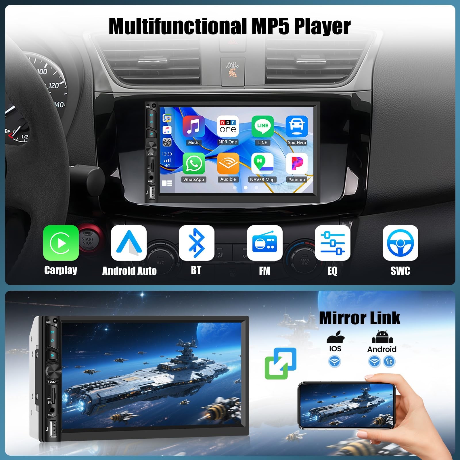 Double Din Wireless Carplay Android Auto Bluetooth Car Radio, 7 Inch Model 2