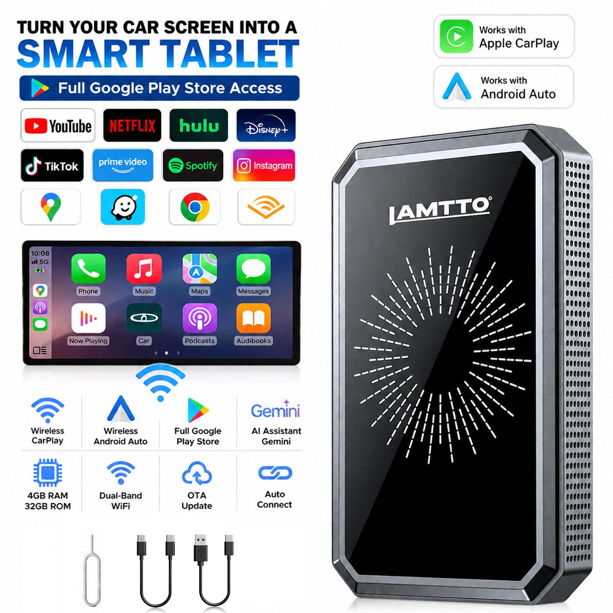 LAMTTO Wireless CarPlay Adapter for Wired CarPlay Cars 2016+ with Gemini AI