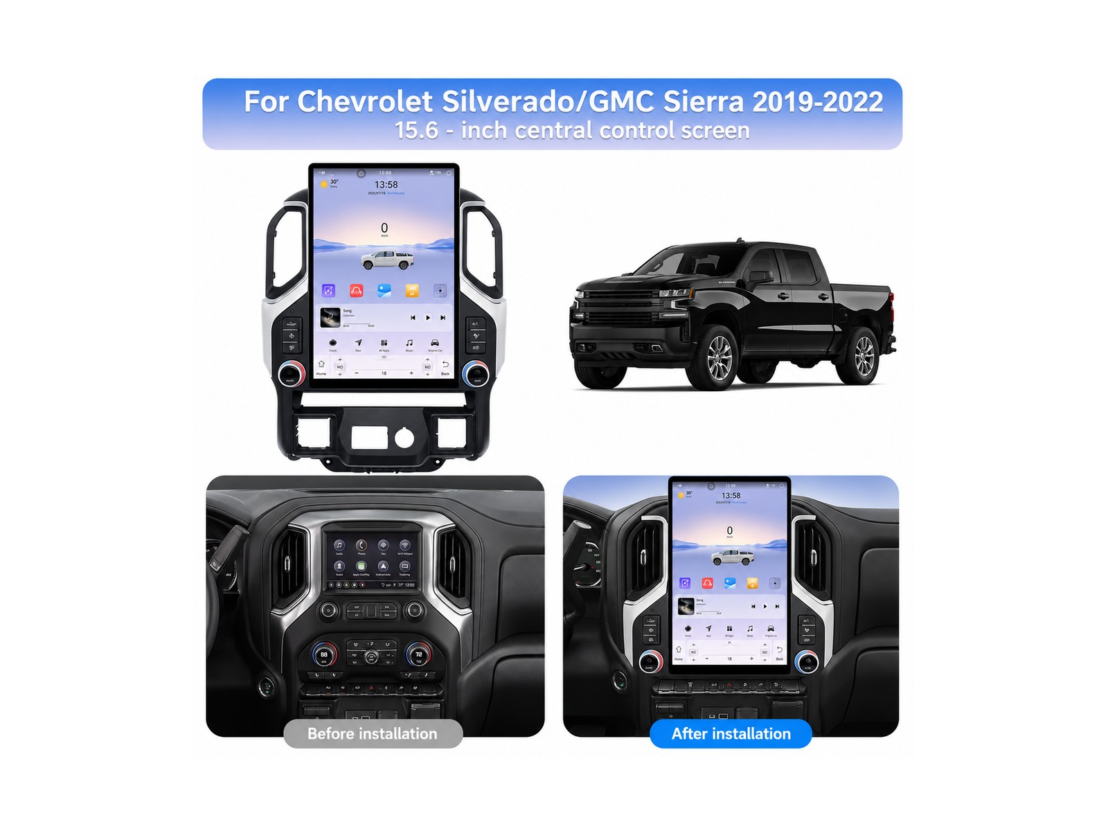 15.6″ Tesla Style Android Radio For Silverado Sierra Wireless CarPlay 64GB