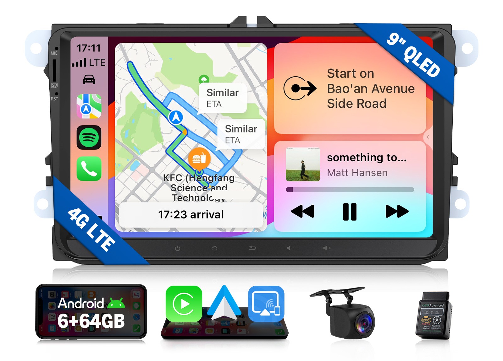 For VW Volkswagen Android Auto 9″ QLED Touchscreen 6+64GB Car Stereo CarPlay GPS
