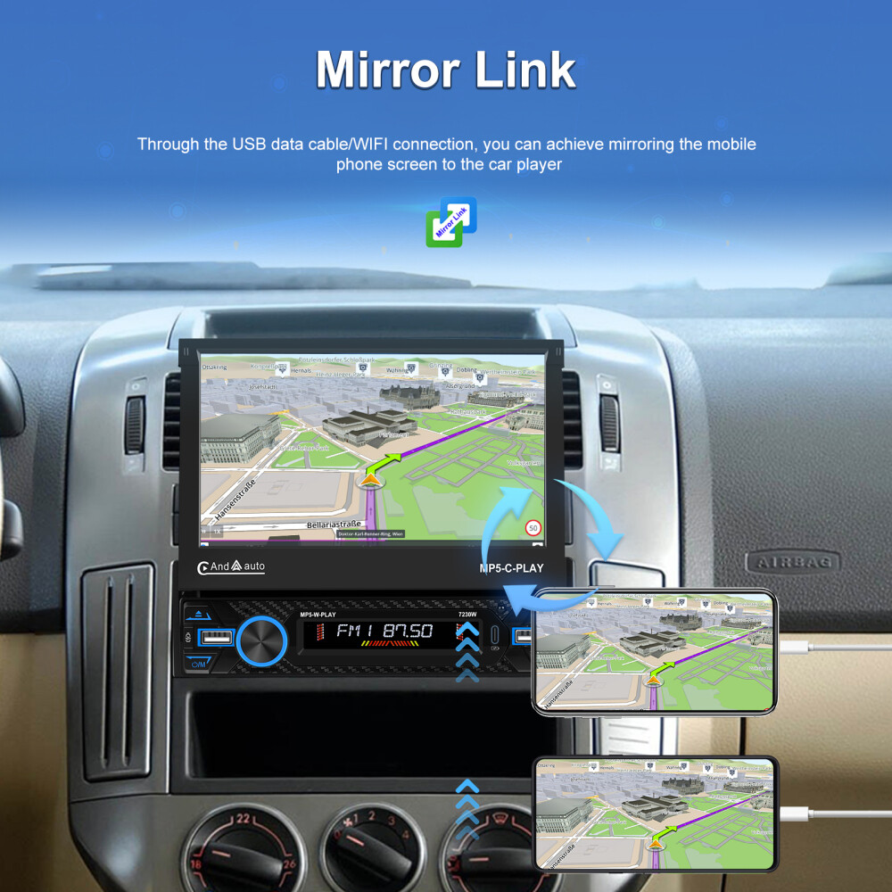 7″ Single 1DIN Car Stereo electric CarPlay Touch Screen USB MP5 Player Flip Out