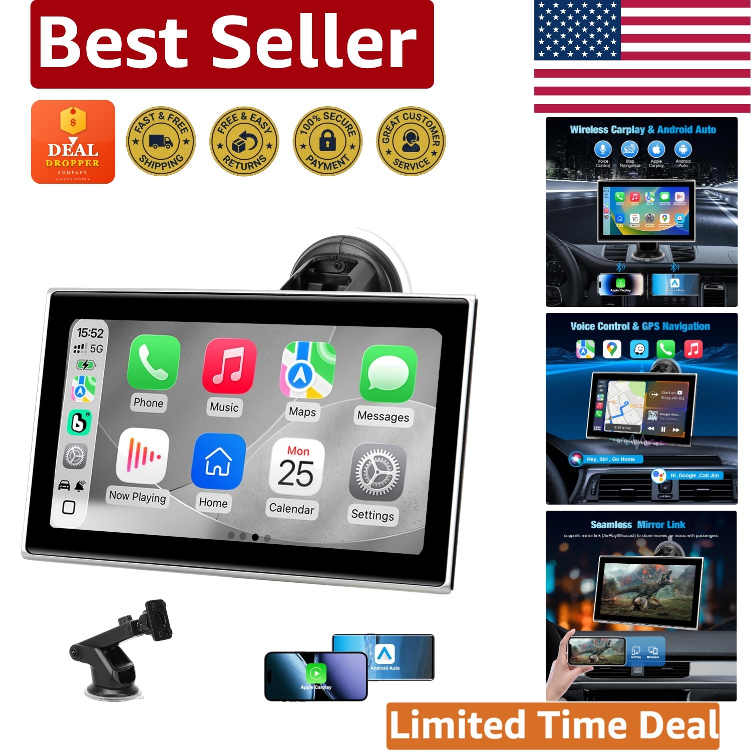 7” Wireless CarPlay & Android Auto Screen – Plug & Play with Voice Control