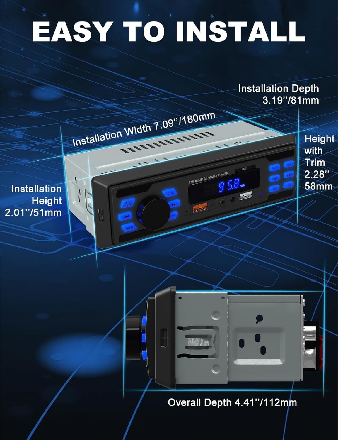 Versatile Single DIN Car Audio System with FM, USB & Remote Control Functions