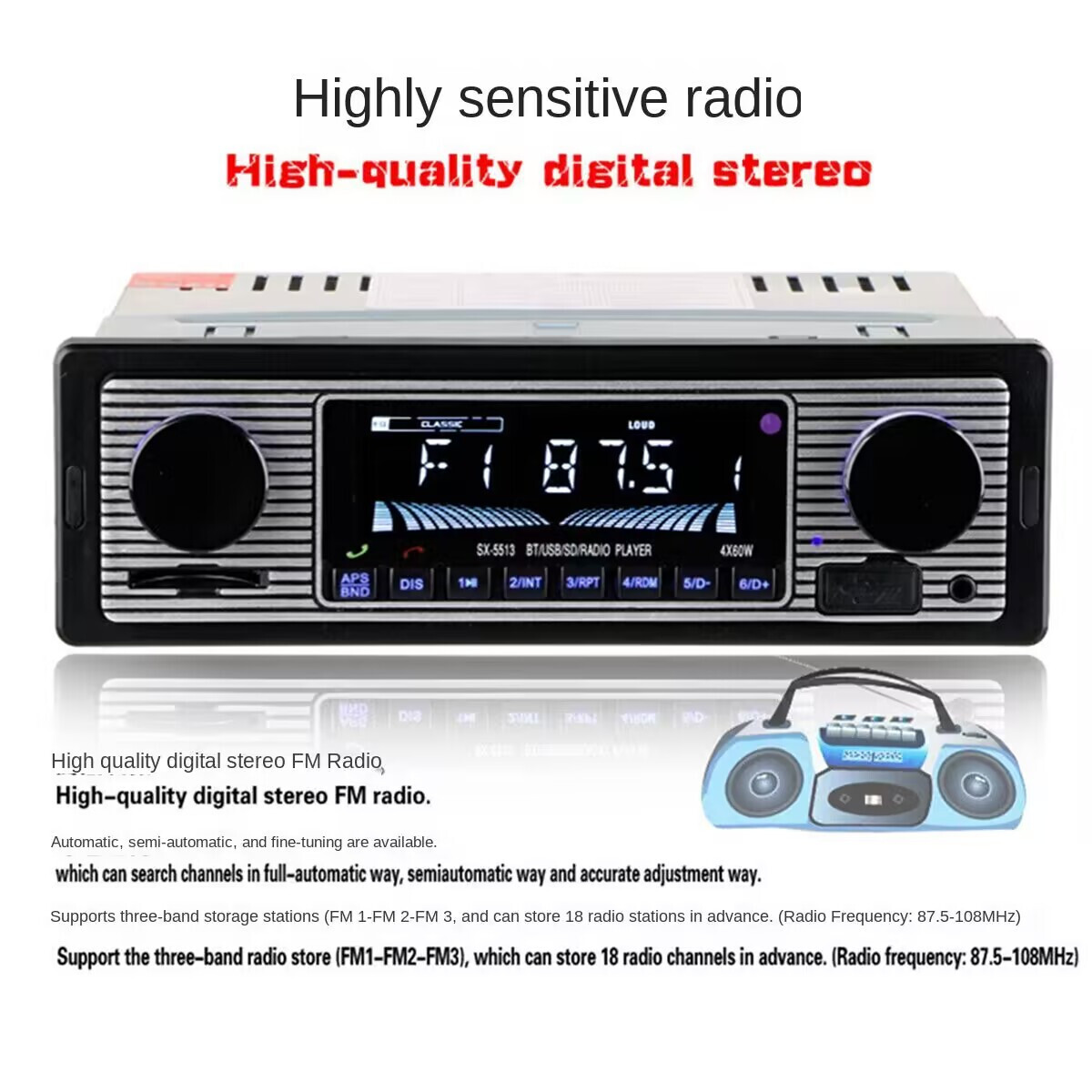 Dual Knob Car FM Radio In-dash MP3 Stereo Player BT USB AUX SD Card Hands-free