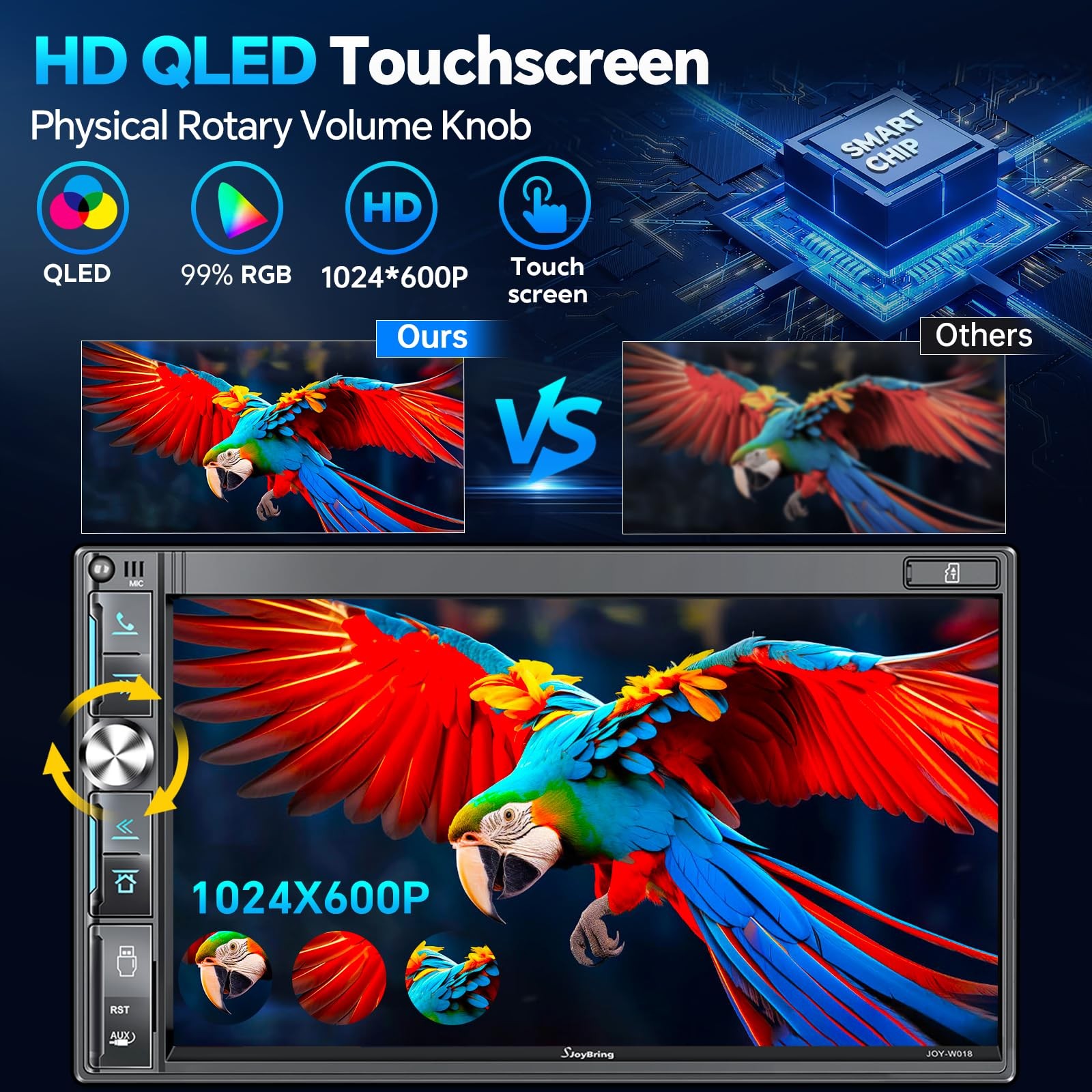 QLED Double Din Car Stereo with Dash Cam & Backup Camera, Wireless Apple CarP…
