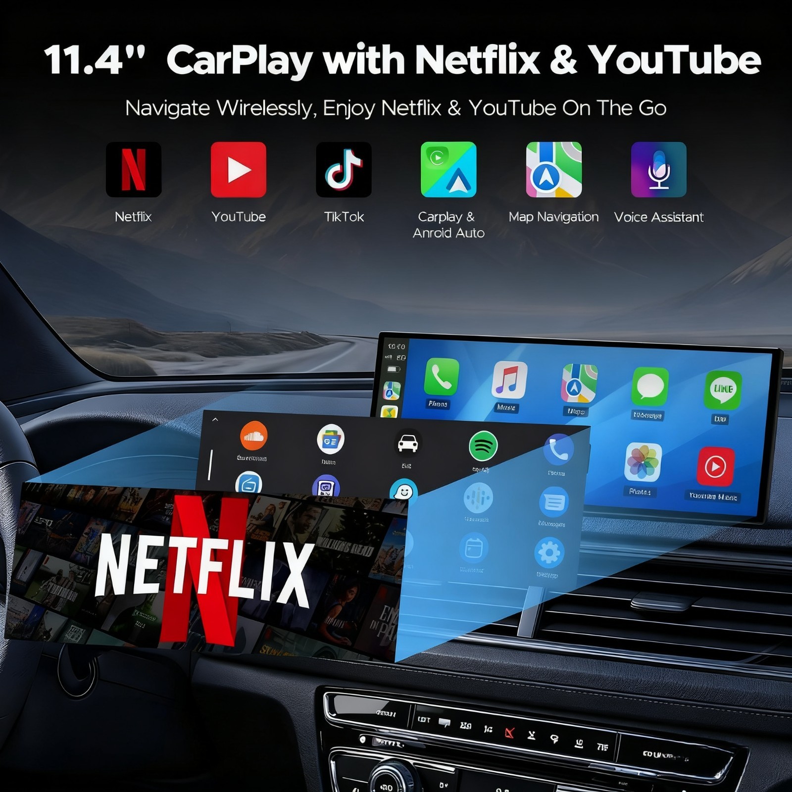 GetPairr 11.4″ Portable Car Screen Netflix YouTube Wireless CarPlay Android Auto