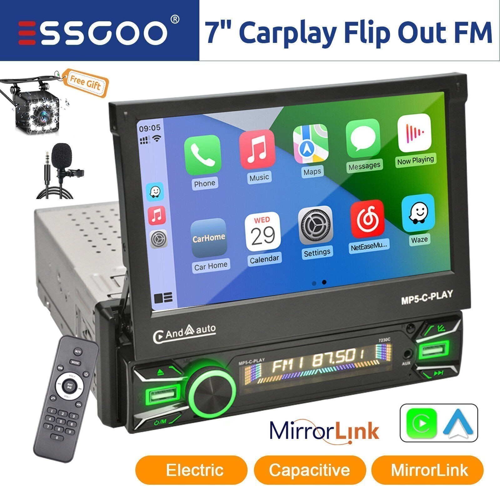 Single 1DIN 7″ Flip Out CarPlay Car Radio HD Stereo USB Radio Head Unit +CAM&MIC