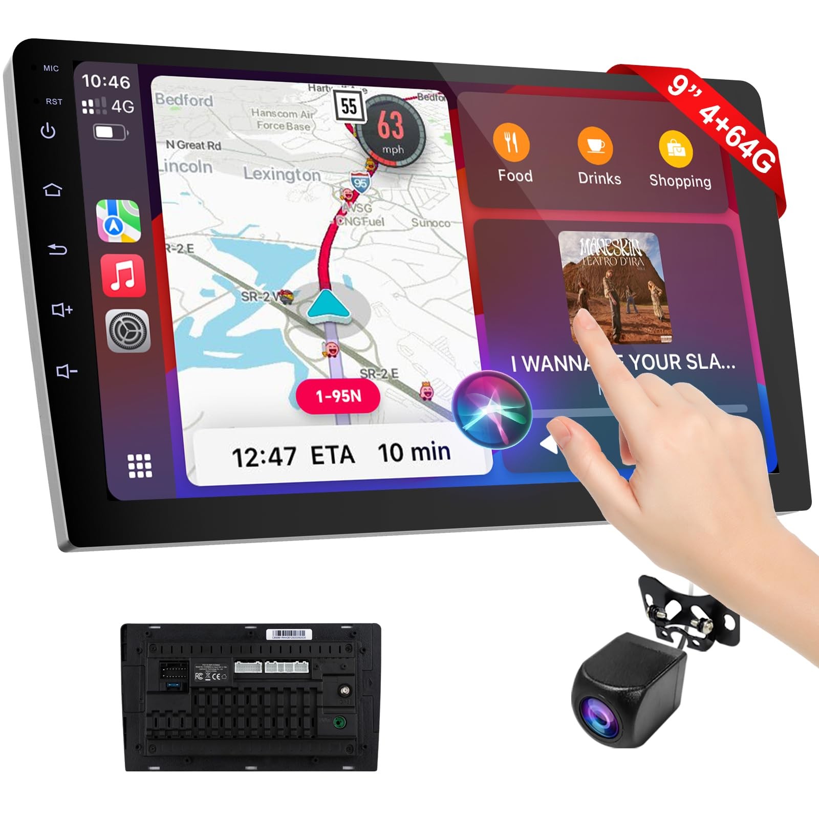 9 Inch Wireless Carplay Screen for Car,Double Din Car 9 inch-4+64GB, black