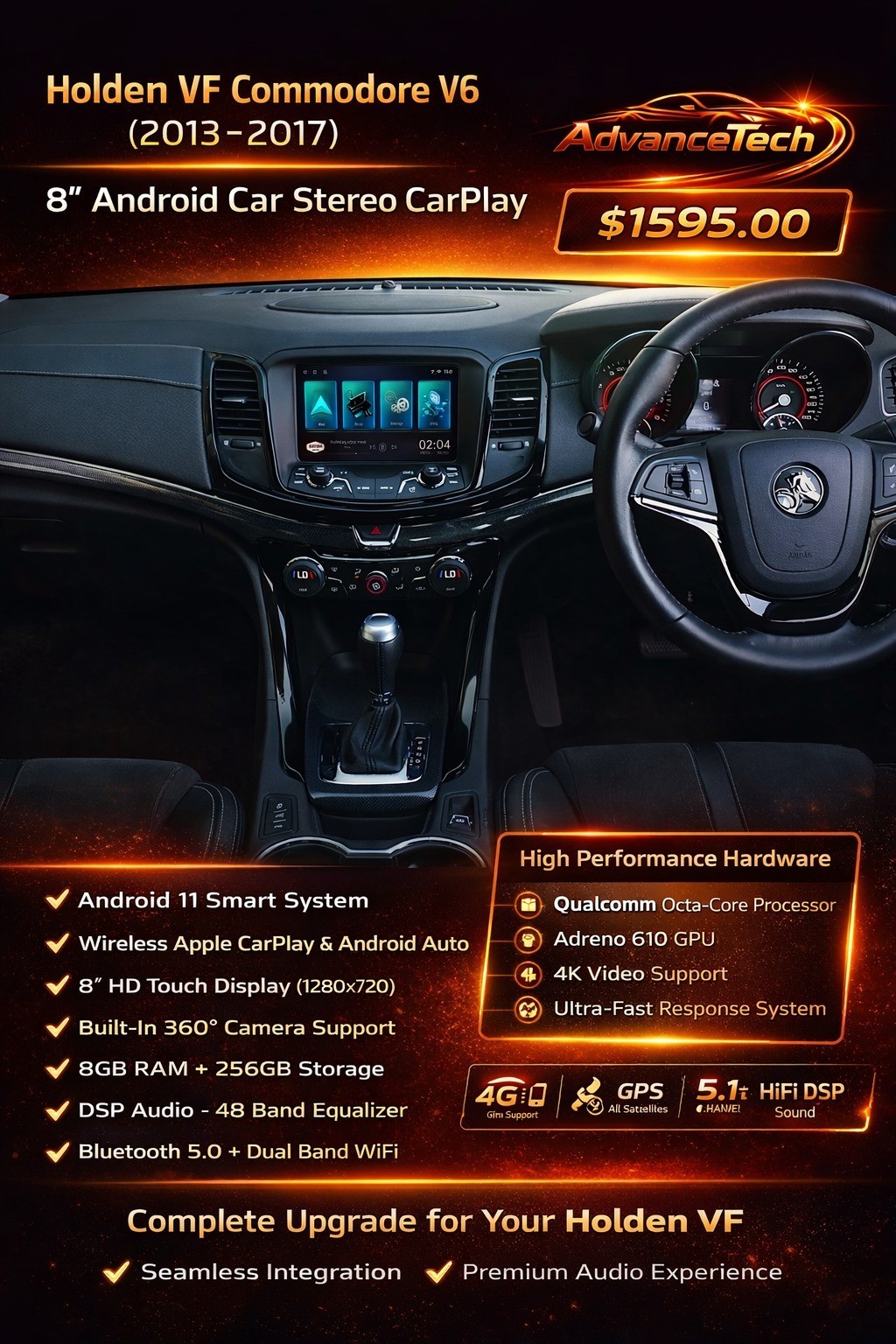 Holden VF Commodore V6 2013-2017 8″ Android Car Stereo CarPlay