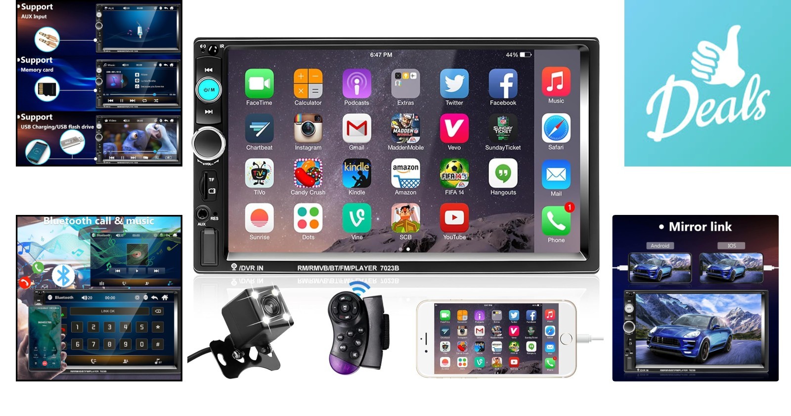 Multimedia Double Din Car Stereo with 7″ Touch Screen & Built-in Backup Camera