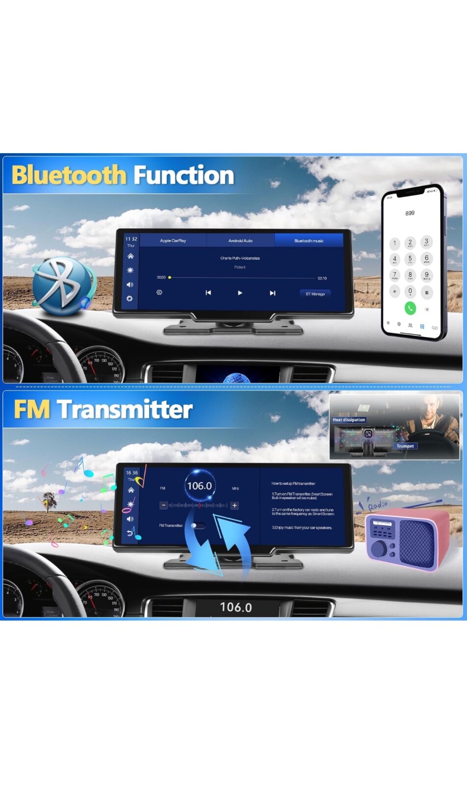 Portable Carplay Wireless Car Stereo Receiver, 9.3 inch car