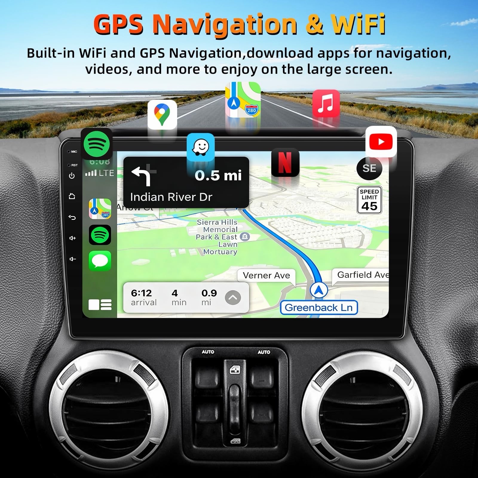 10 Inch Car Stereo for Jeep Wrangler JK 2007-2018 Wireless CarPlay Backup Camera