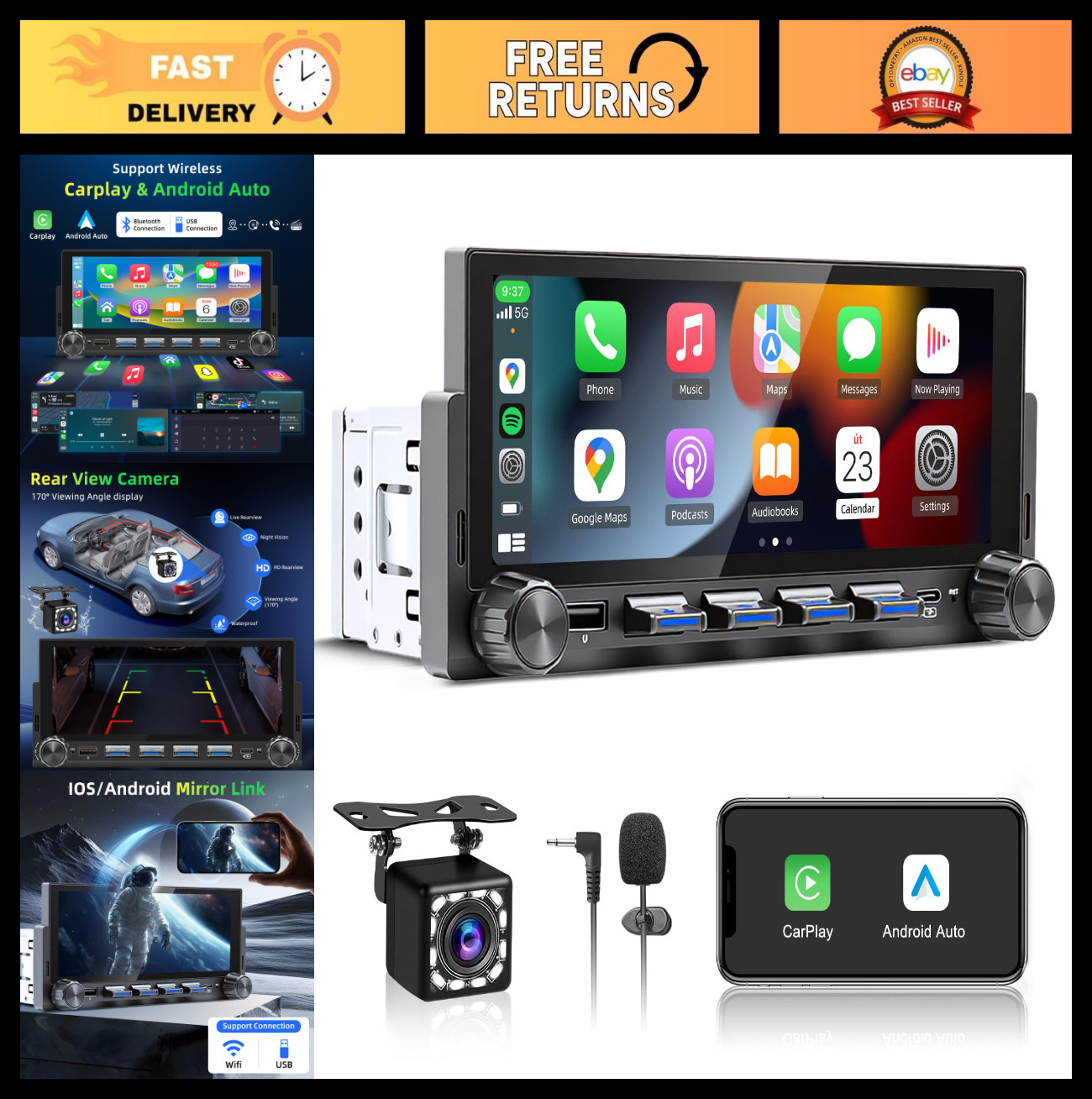 6.86″ Wireless Single Din Touchscreen Car Stereo, Apple CarPlay, Android Auto, B