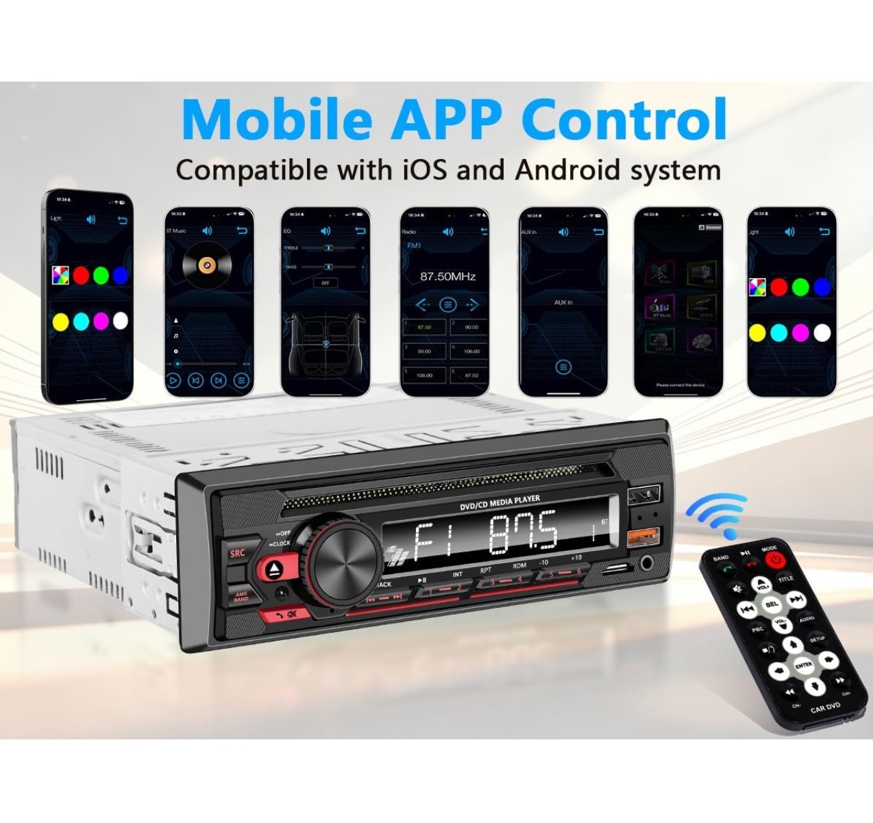Single DIN CD/DVD Car Stereo – Bluetooth, App Control & 7-Color Backlit Display
