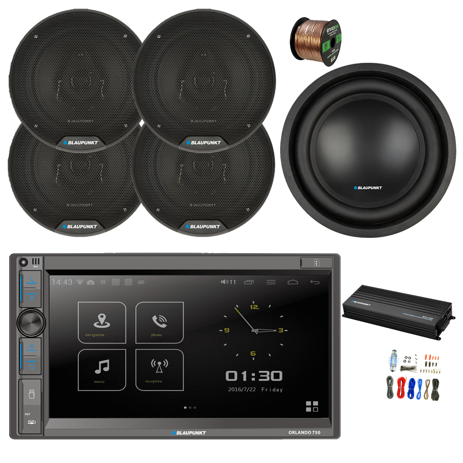 Blaupunkt 6″ Touchscreen DVD/CD Radio, Amp, Kit, 10″ Sub, 4x 6″ 40W Speaker,Wire