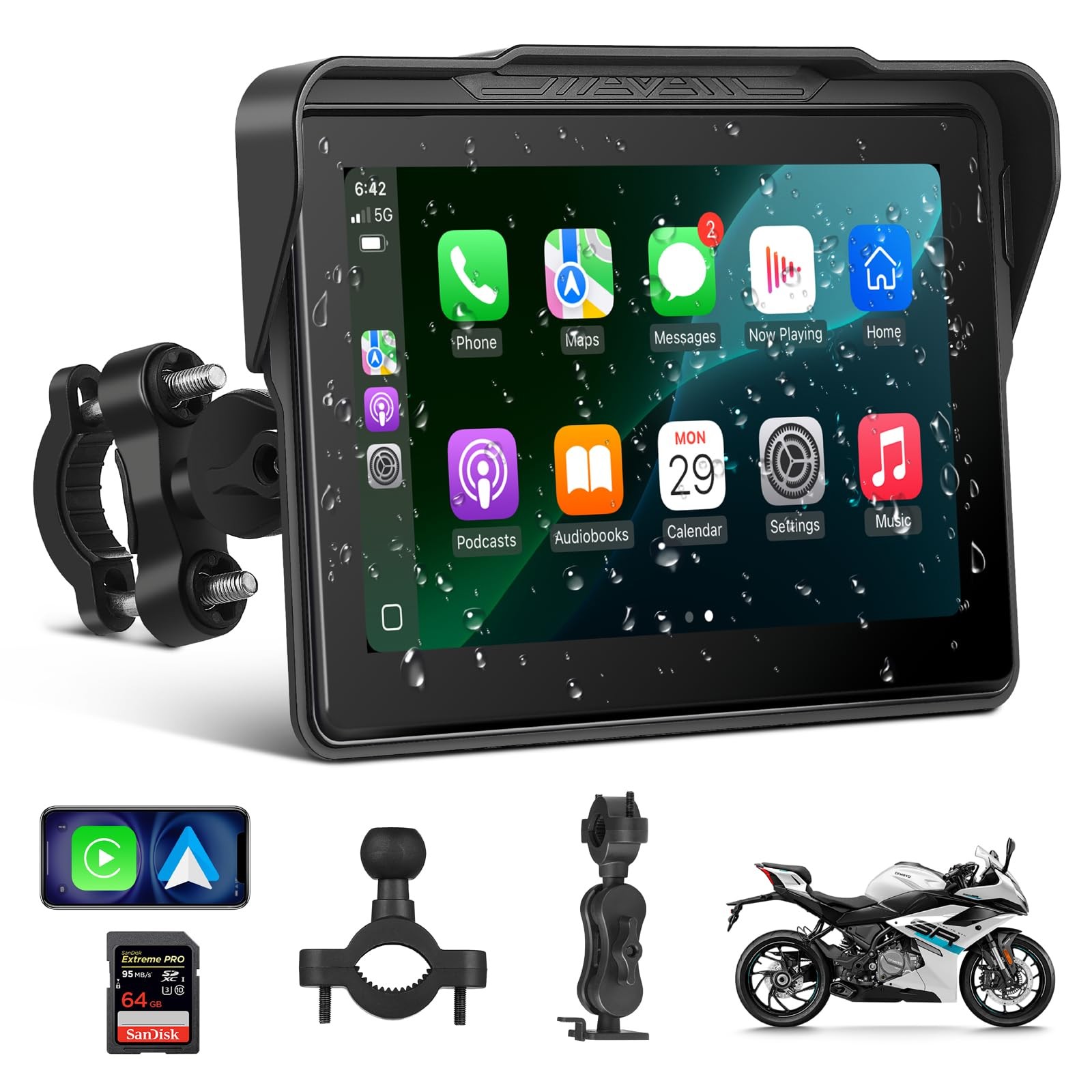 Motorcycle CarPlay Screen 7″, Waterproof GPS Display for Motorbike, Wireless …