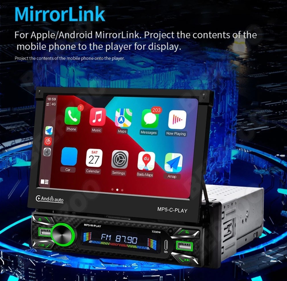 7″ 1 Din Flip Car Radio MP5-II Player Carplay AndroidAuto Touch Video USB Remote
