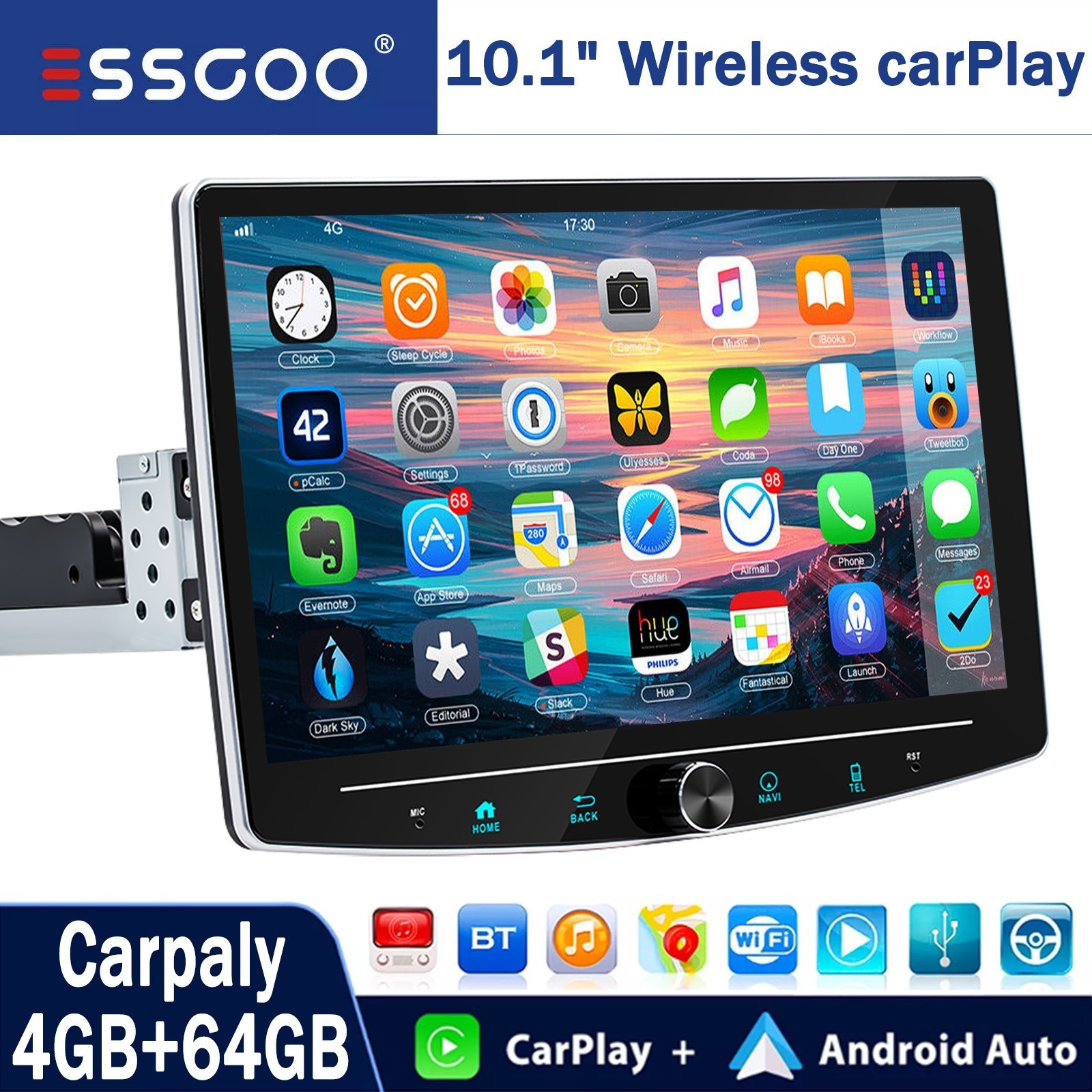 10.1″ Single 1 Din 4+64G Wireless CarPlay Rotatable Car Stereo Radio GPS Nav CAM