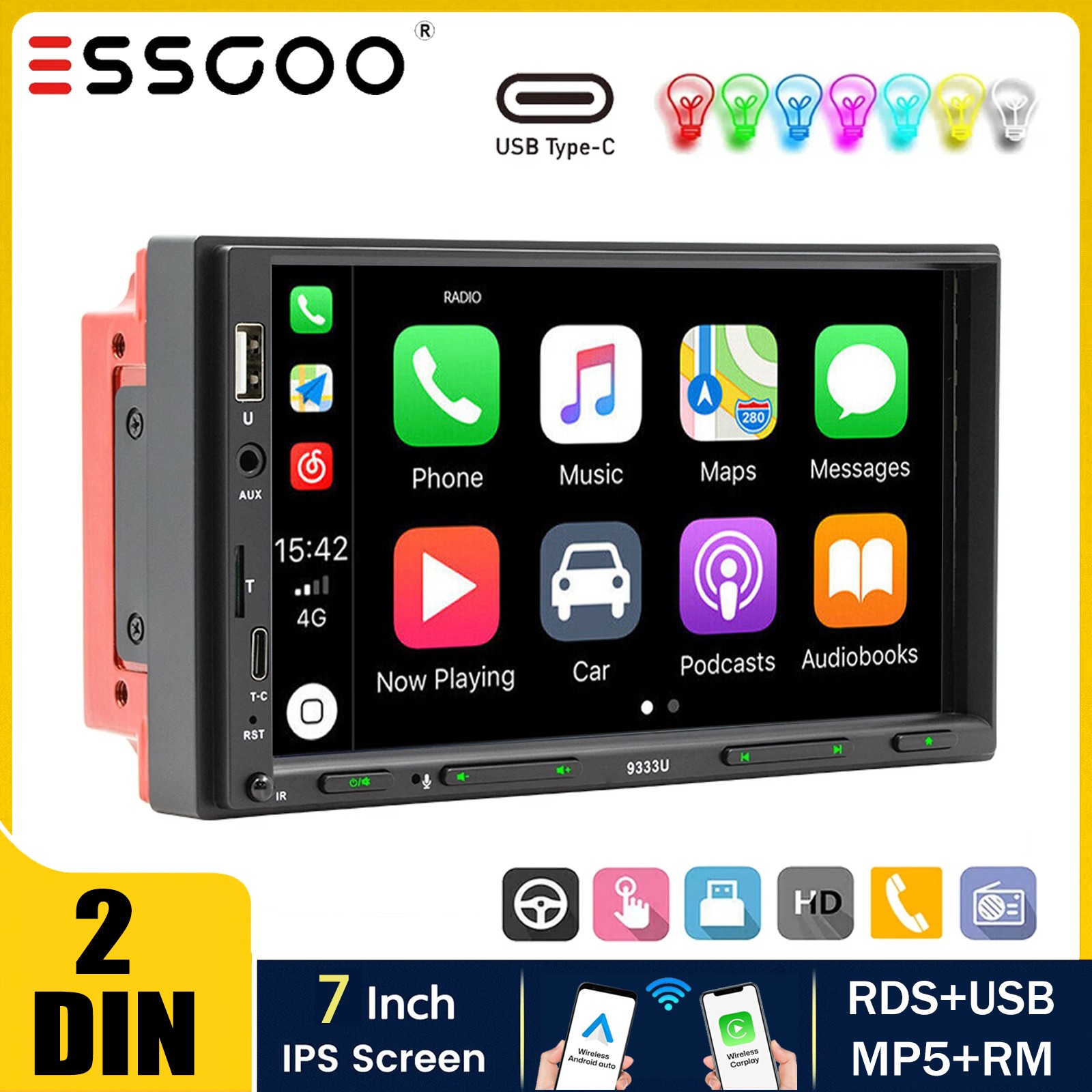 Double 7″ 2Din Touch Screen Car Stereo Bluetooth Radio Apple/Android Carplay GPS