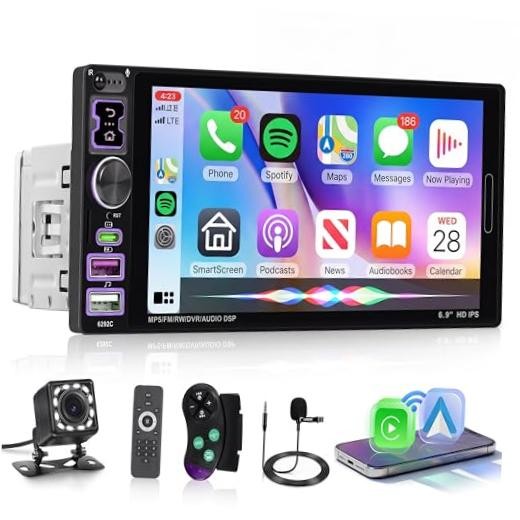 Car Stereo Single Din CarPlay Android Auto, 1 Din Car 6.9 inch Wired Carplay