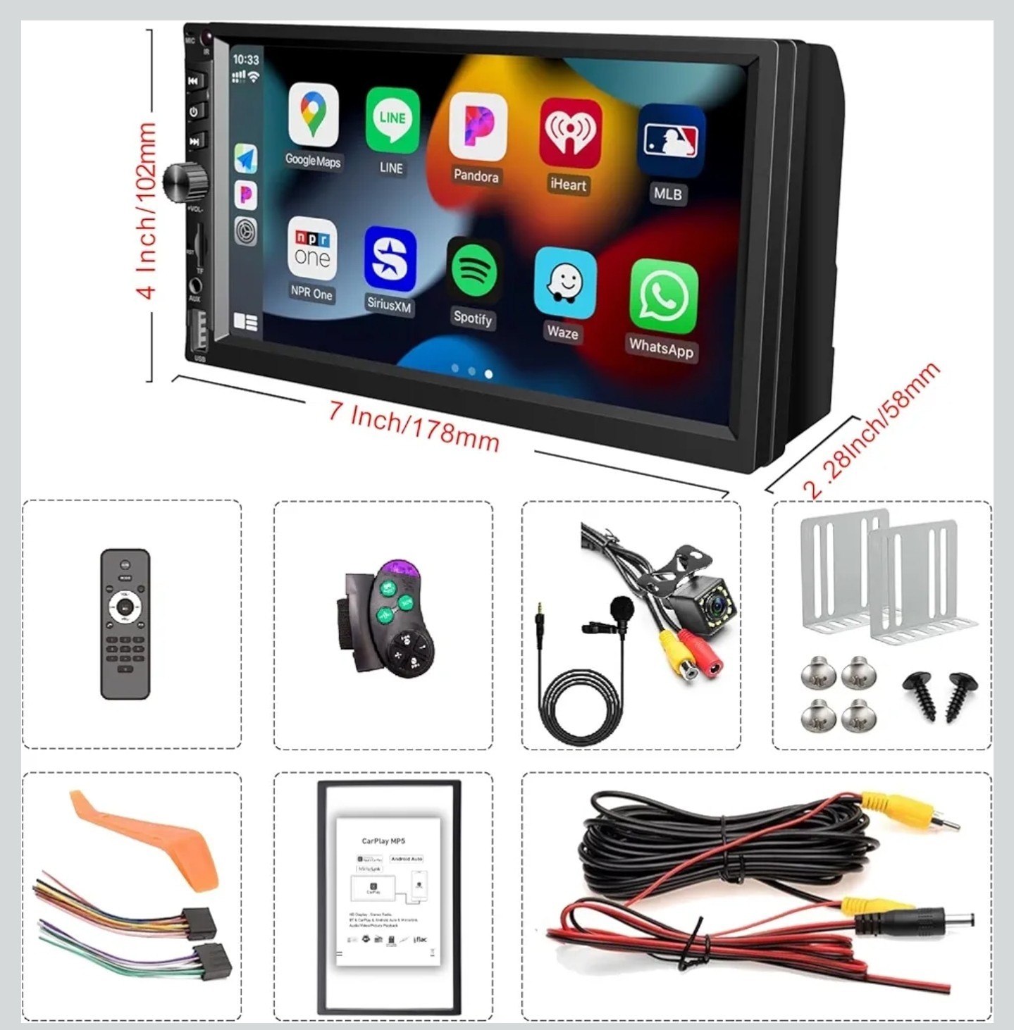 Wireless Double Din Car Stereo Works with Apple Carplay,7 Inch HD 1024 * 600…