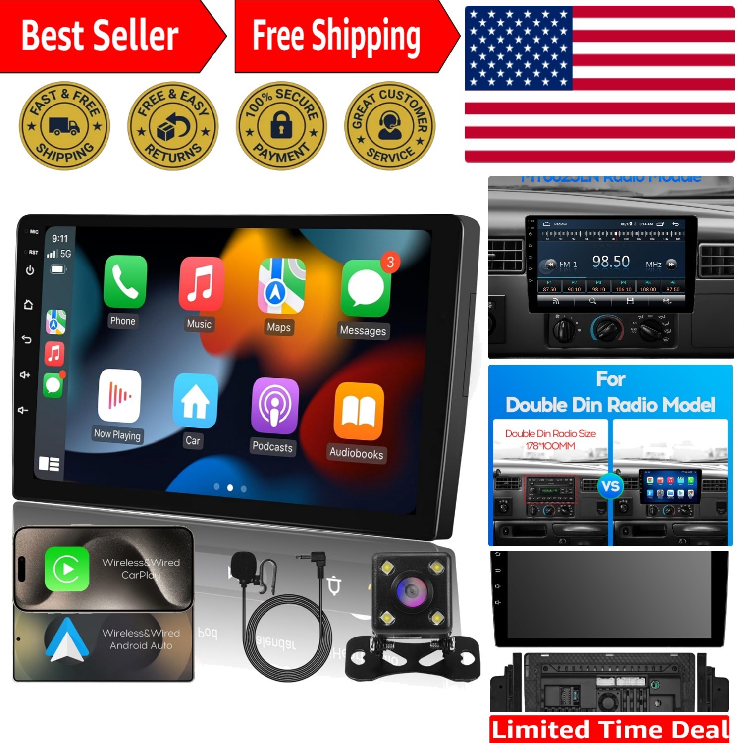 10″ IPS Touchscreen Car Audio Video Receiver w/ Wireless CarPlay & Android Auto
