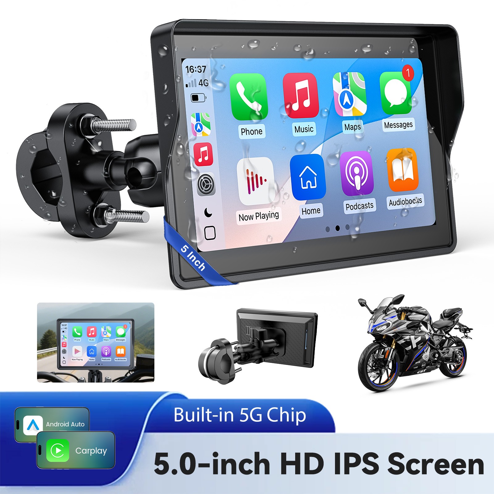 Carplay Screen for Motorcycle Wireless Moto CarPlay Android Auto GPS Calls Music