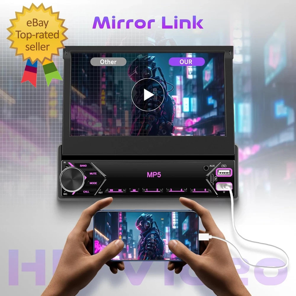 Single Din Flip Out Car Stereo Bluetooth 7 Inch Retractable Touch Screen Car Rad