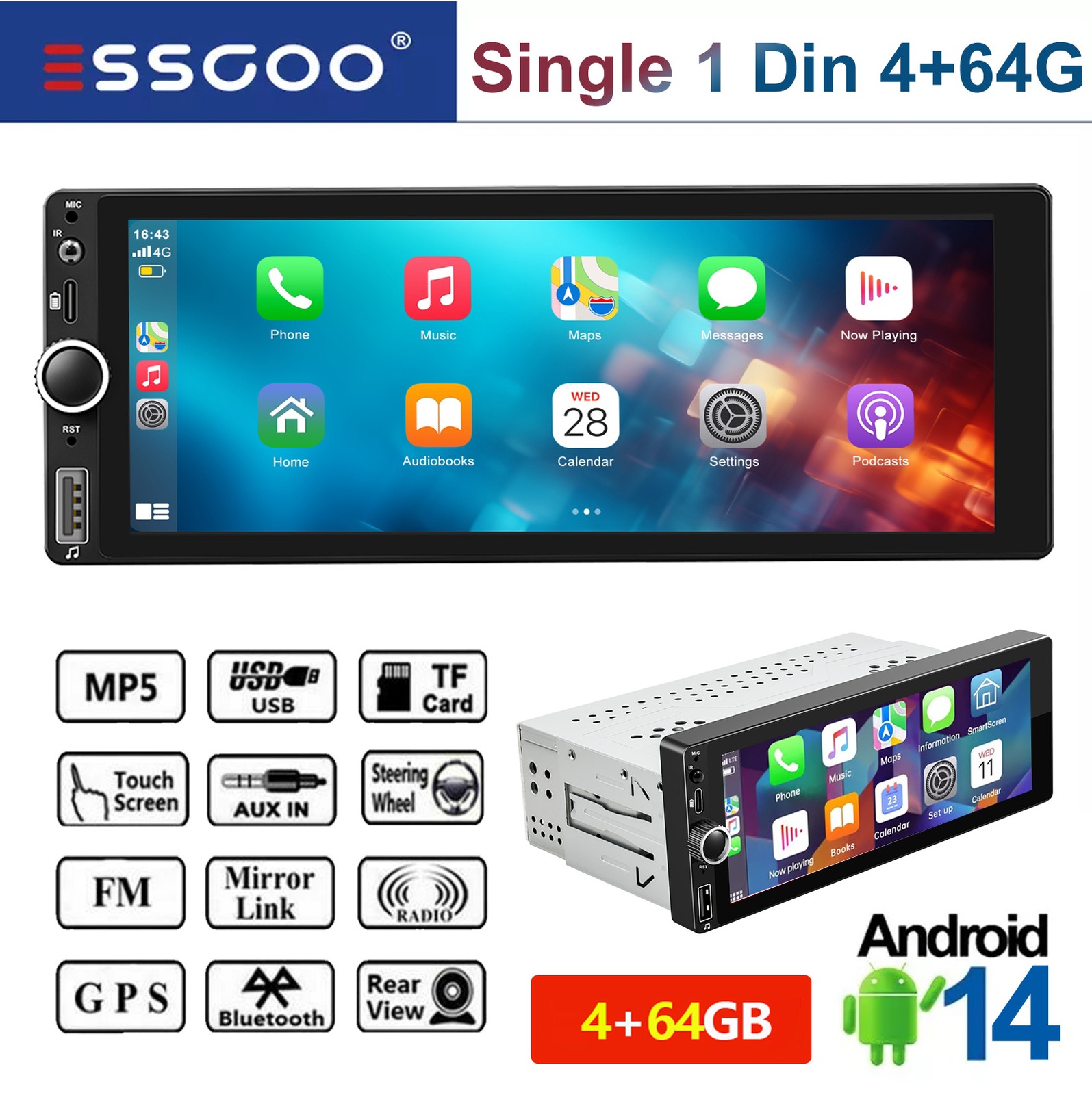 Single 1Din 6.86″ Touch Screen Stereo Bluetooth Radio Car Apple/Android Carplay