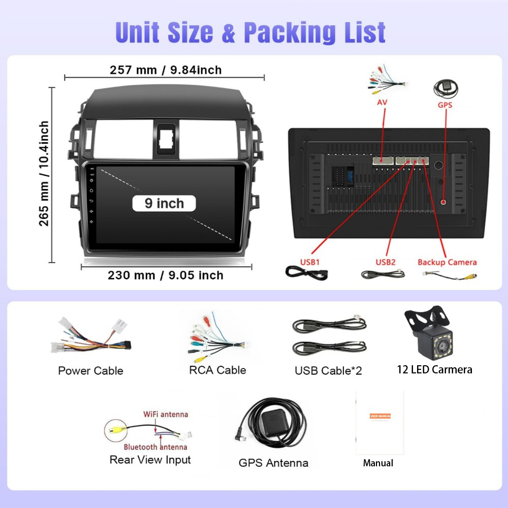 9 Inch with 12LED Backup Camera for Toyota Corolla 2009-2013 Android Car Stereo