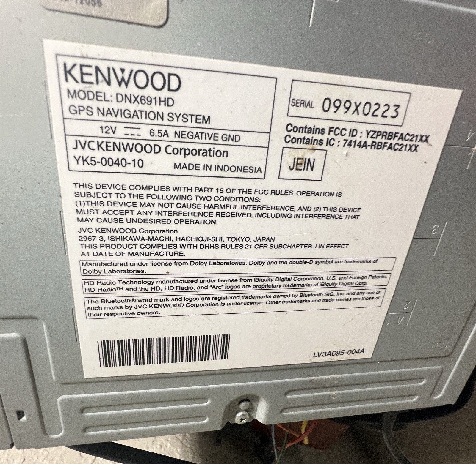 Kenwood DNX691HD GPS Navigation Head Unit Parts/Repair No Screen Powers On