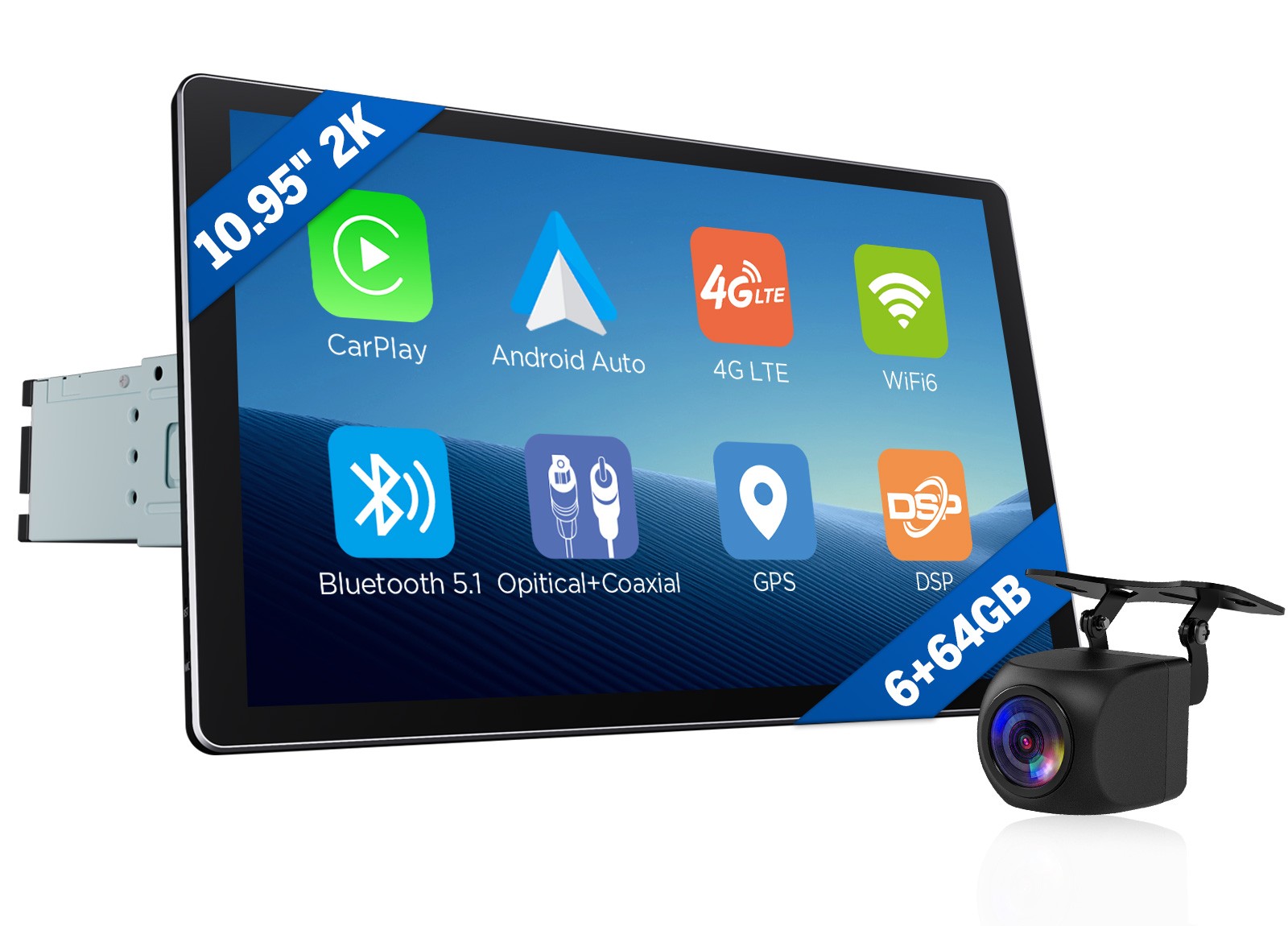 Android 13 8Core 6+64G 10.95″ 2K 1 DIN Car Stereo GPS Wireless CarPlay Radio DSP
