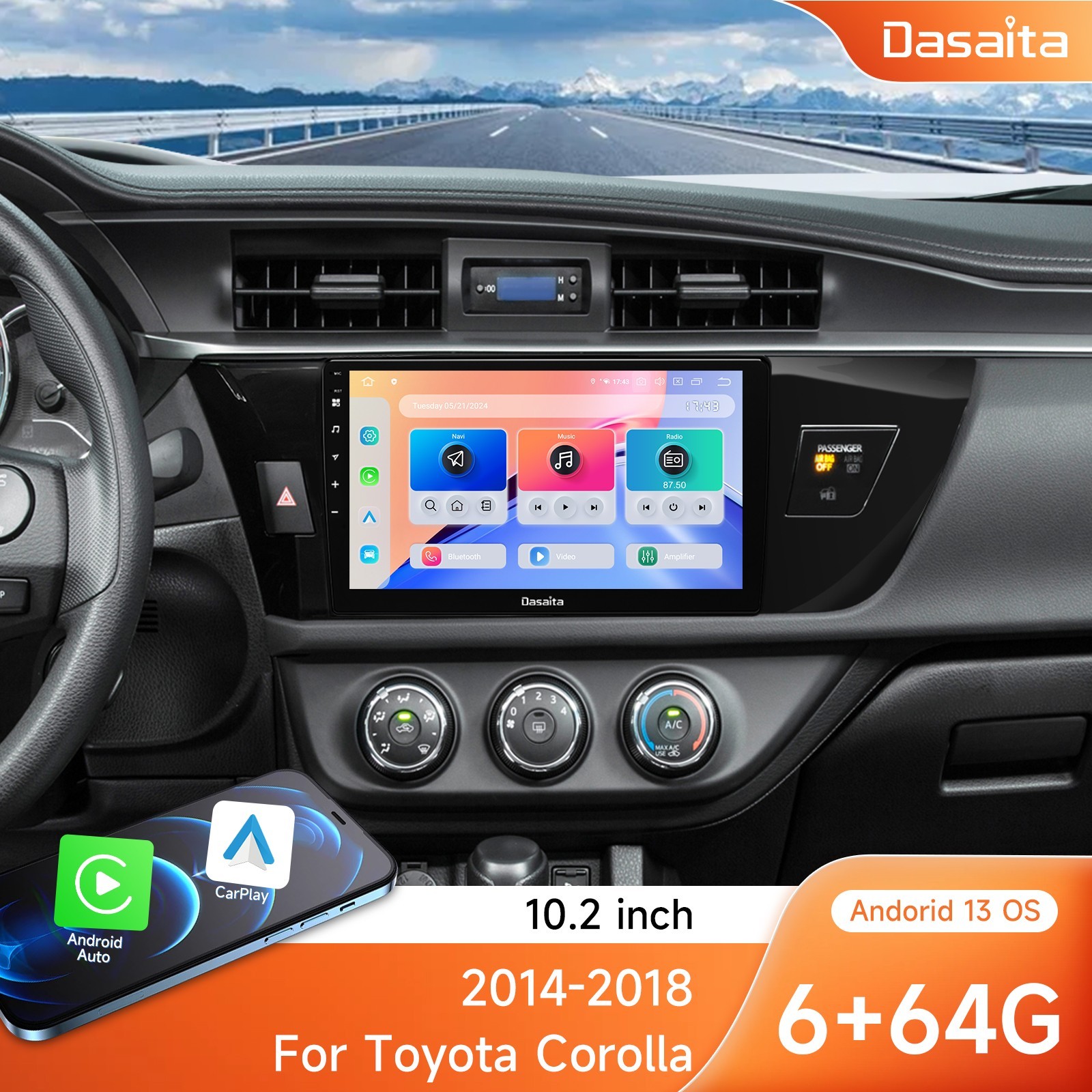 Dasaita Android 13 Car Stereo Carpaly Andriod Auto for Toyota Corolla 2014-16