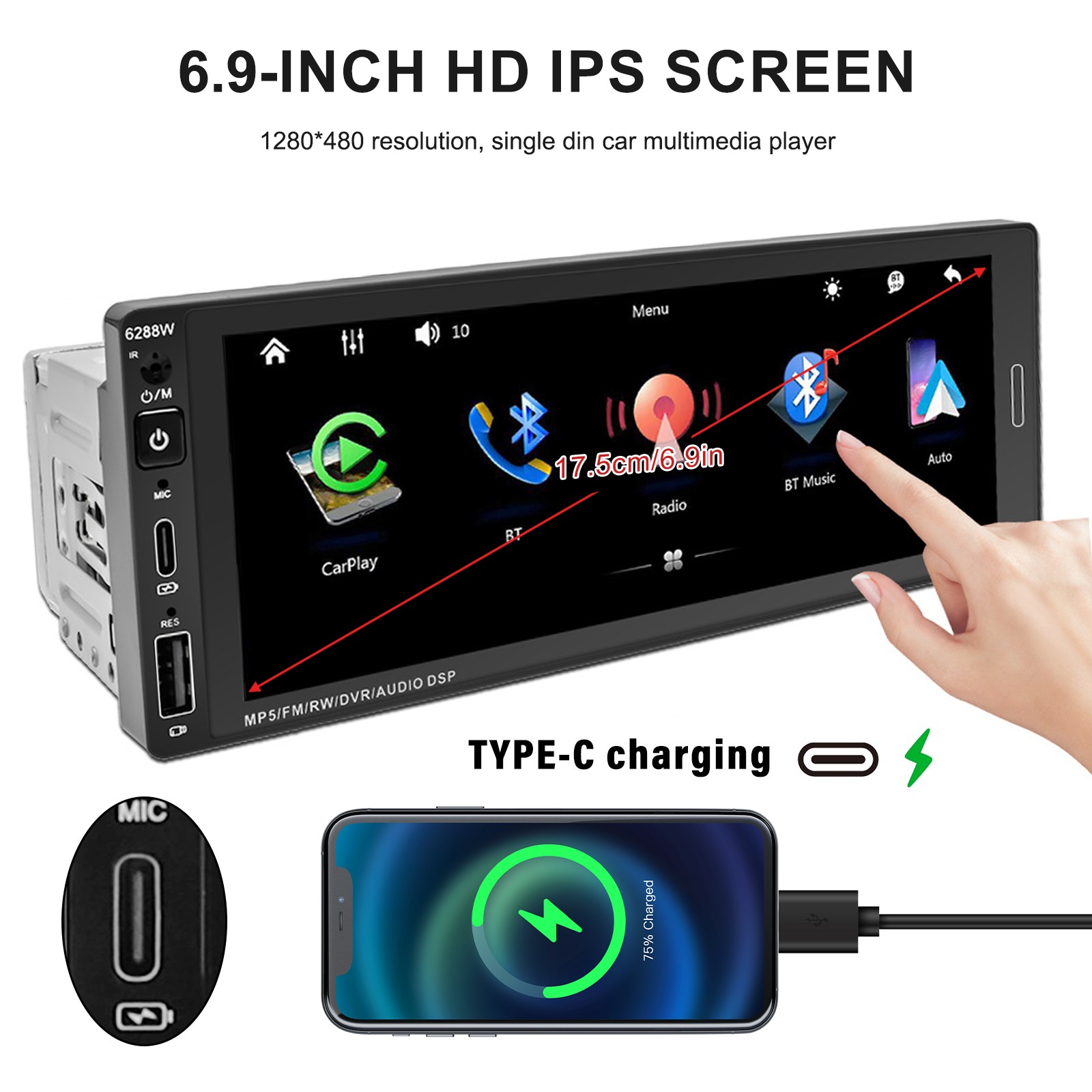 Single Din Car Stereo Wireless Carplay 6.9 Touchscreen Bluetooth Radio Usb